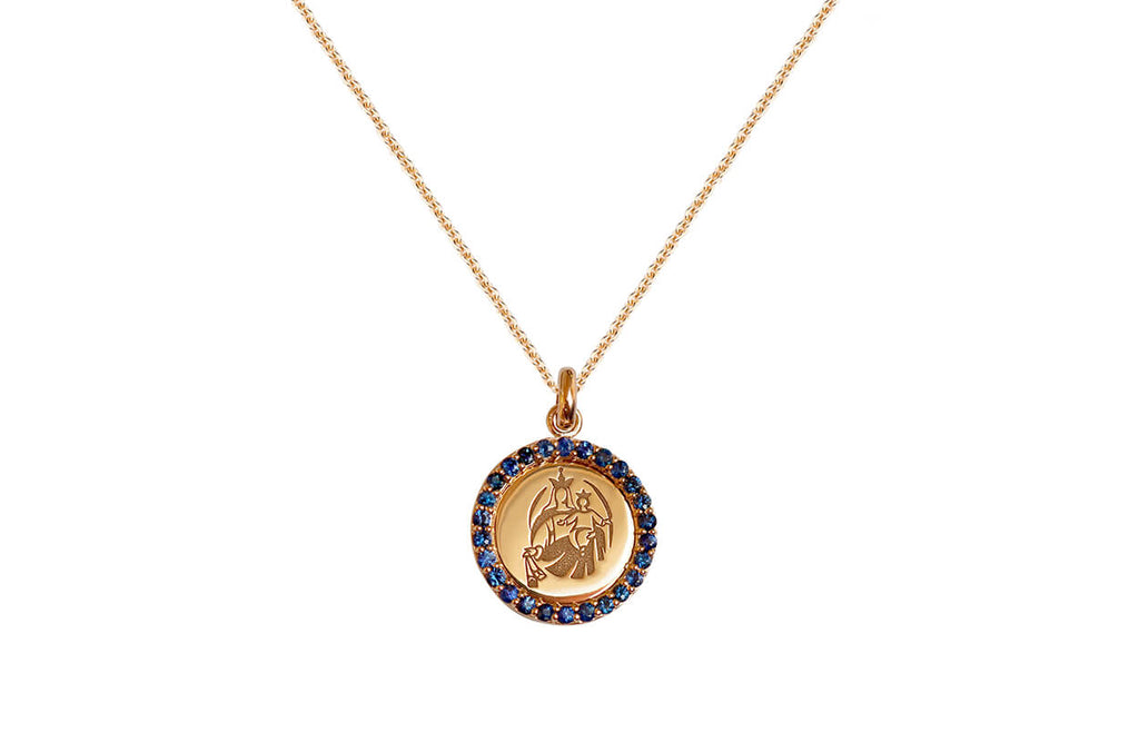Medal Our Lady of Mount Carmen | Virgen del Carmen Gold & Blue Sapphires - Albert Hern Fine Jewelry