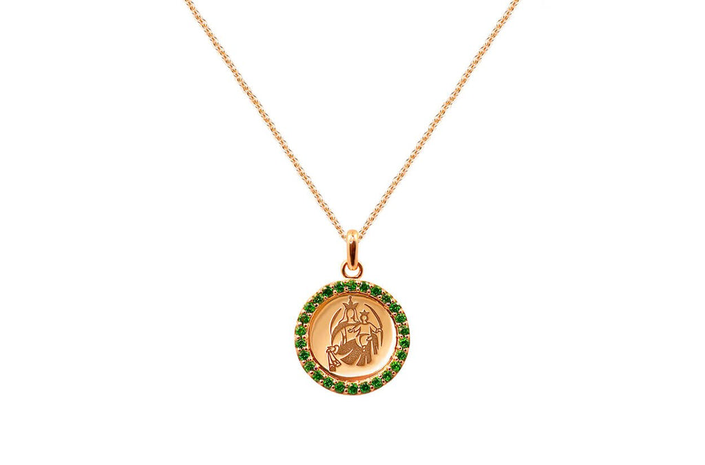 Medal Our Lady of Mount Carmen | Virgen del Carmen Gold & Green Garnet - Albert Hern Fine Jewelry