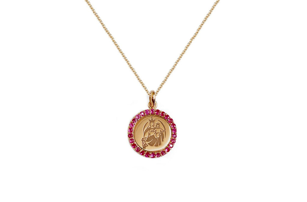 Medal Our Lady of Mount Carmen | Virgen del Carmen Gold & Hot Pink Sapphires - Albert Hern Fine Jewelry