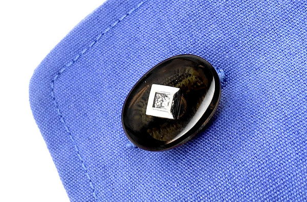 Men's 18kt Gold Oval Smoky Topaz & Carre Diamonds Cufflinks - Albert Hern Fine Jewelry