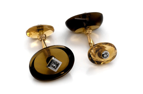 Men's 18kt Gold Oval Smoky Topaz & Carre Diamonds Cufflinks - Albert Hern Fine Jewelry