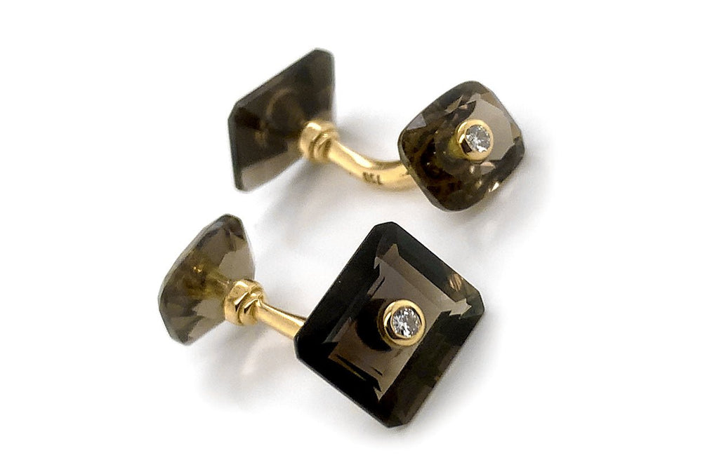 Men's 18kt Gold Rectangular Smoky Topaz & Round Diamonds Cufflinks - Albert Hern Fine Jewelry