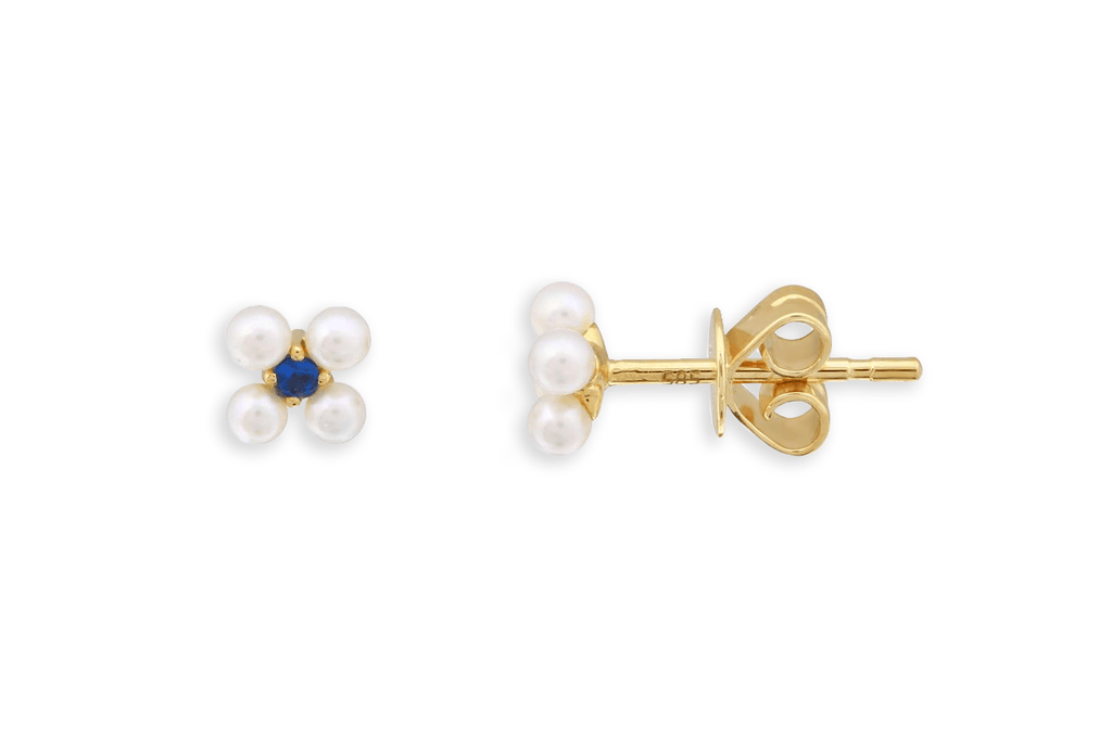 Mini Earrings 14kt Gold Flower Pearl & Sapphires Studs - Albert Hern Fine Jewelry