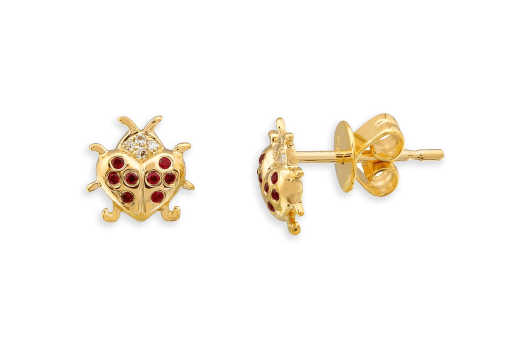 Mini Earrings 14kt Gold Ladybug Gemstone & Diamonds - Albert Hern Fine Jewelry