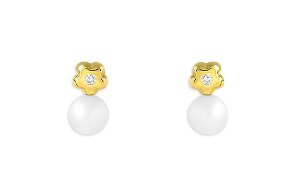 Mini Earrings 18kt Gold Flower Center Diamonds & Pearl Studs - Albert Hern Fine Jewelry