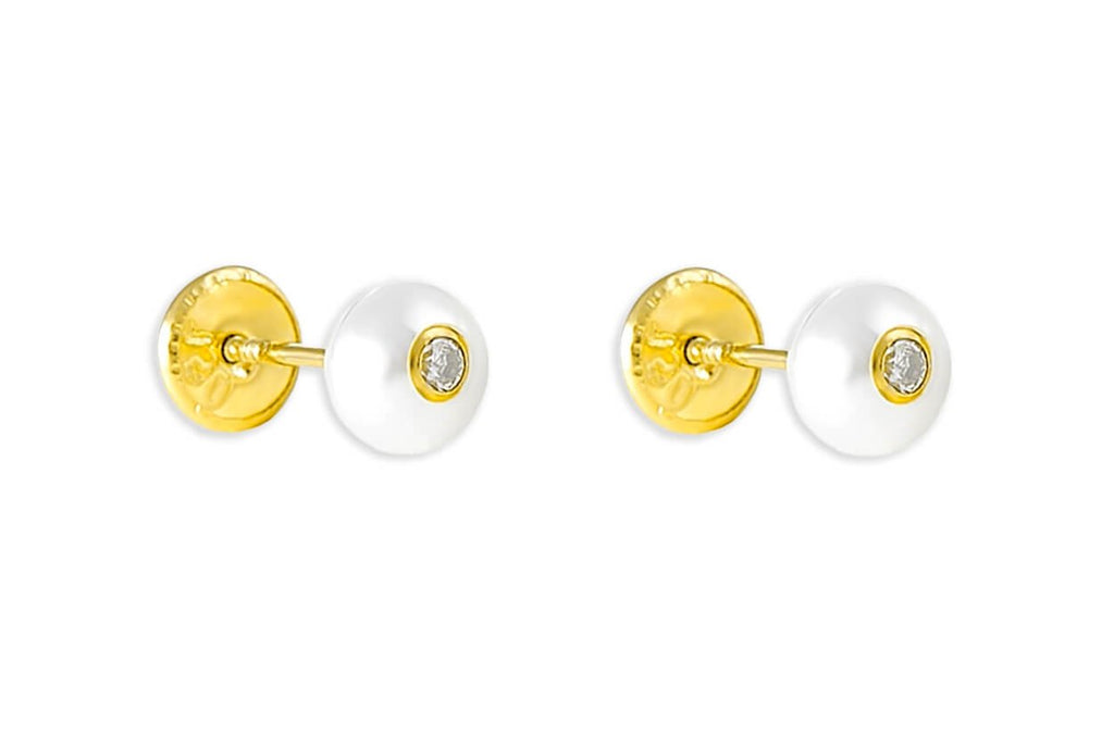 Mini Earrings 18kt Gold Pearls & Center Diamond Studs - Albert Hern Fine Jewelry
