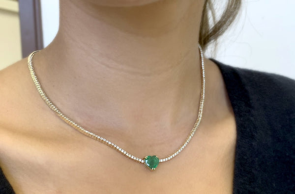 Necklace 14kt Gold Emerald Heart & Diamond Tennis Choker - Albert Hern Fine Jewelry