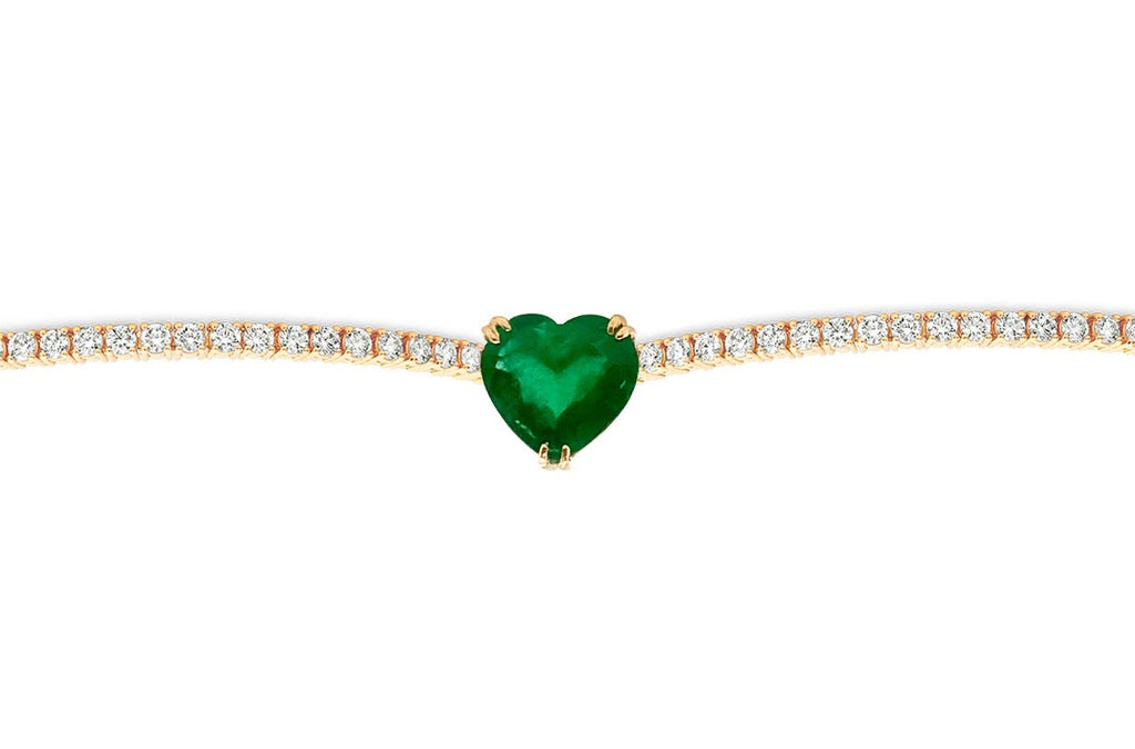 Necklace 14kt Gold Emerald Heart & Diamond Tennis Choker - Albert Hern Fine Jewelry