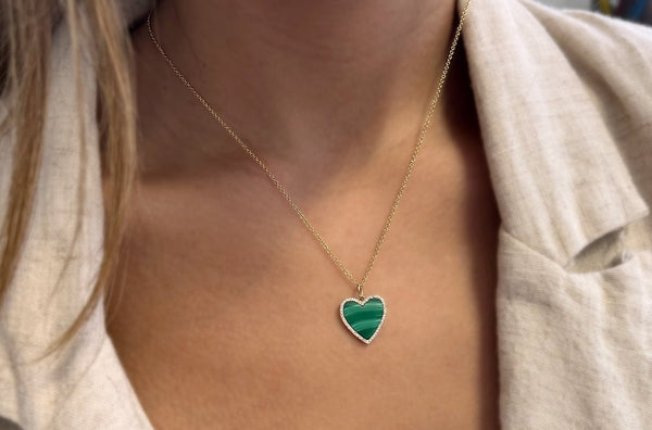 Necklace 14kt Gold Malachite Heart & 50 Diamonds - Albert Hern Fine Jewelry