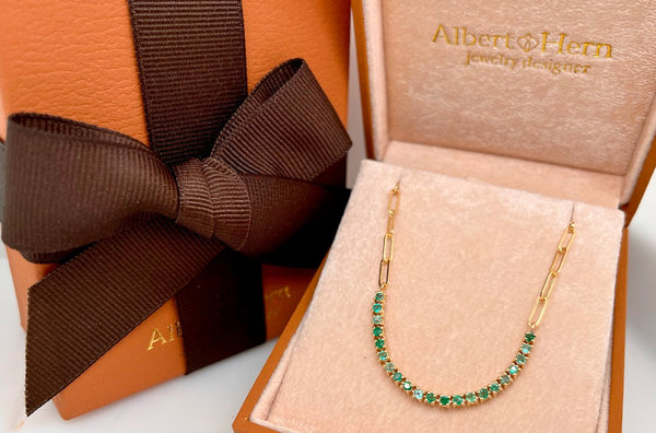 Necklace 14kt Gold Paper Clip Chain & Emeralds - Albert Hern Fine Jewelry