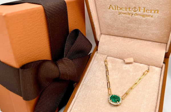 Necklace 14kt Gold Paper Clip Chain Oval Emerald & Diamonds Halo - Albert Hern Fine Jewelry