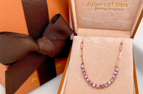 Necklace 14kt Gold Paper Clip Chain & Pink Sapphires - Albert Hern Fine Jewelry