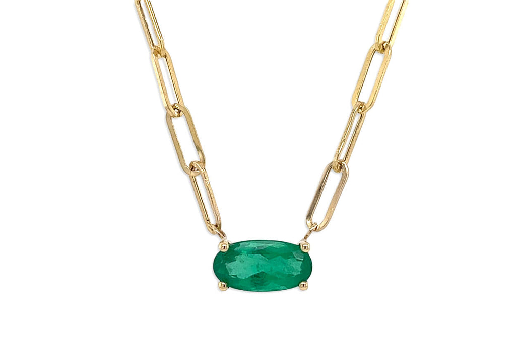 Necklace 14kt Gold Paper Clip Chain with Oval Emerald - Albert Hern Fine Jewelry