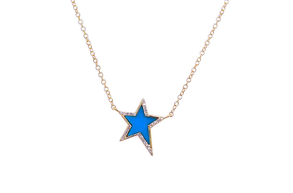 Necklace 14kt Gold Reconstructed Turquoise Star & Diamonds - Albert Hern Fine Jewelry