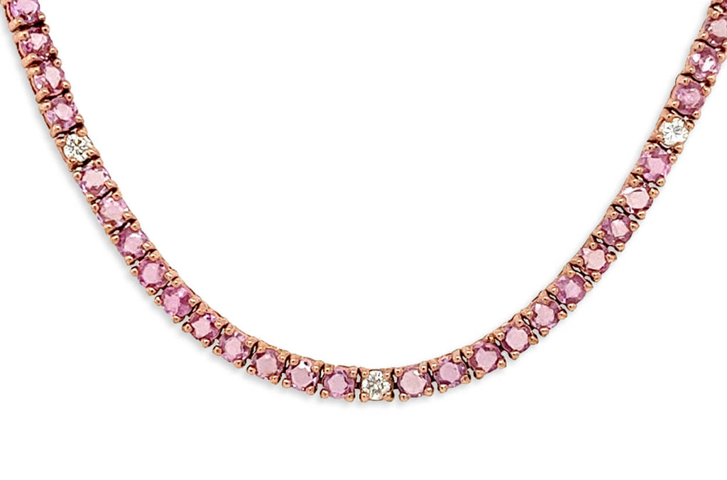 Necklace 14kt Gold Round Pink Sapphires & Diamonds Tennis - Albert Hern Fine Jewelry