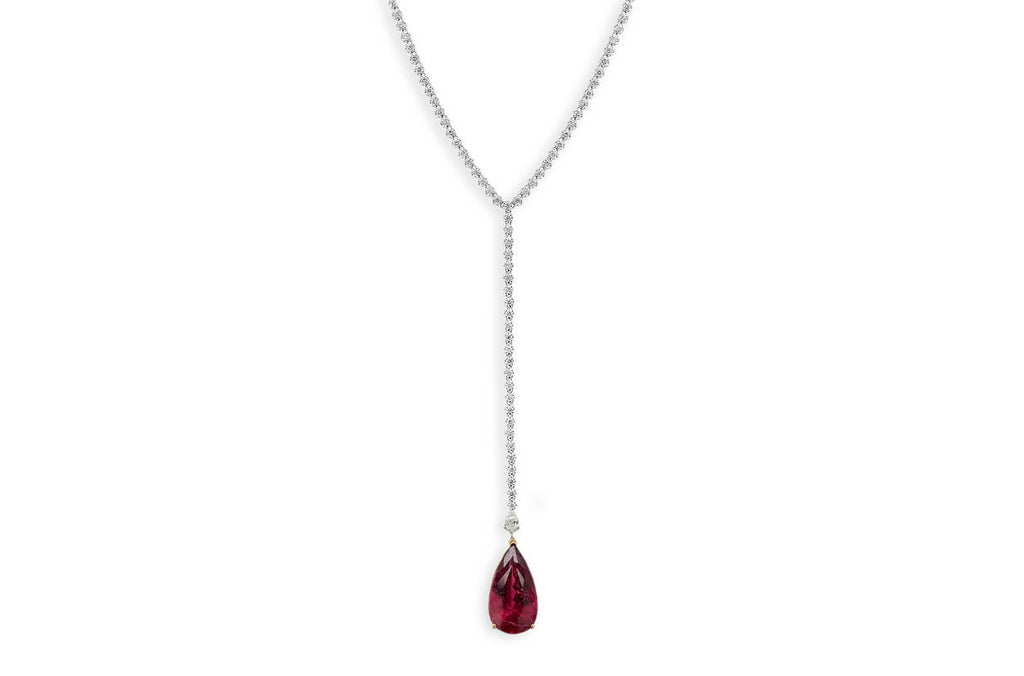 Necklace 14kt Gold Tennis Y Shape Pear Tourmaline and Diamonds - Albert Hern Fine Jewelry