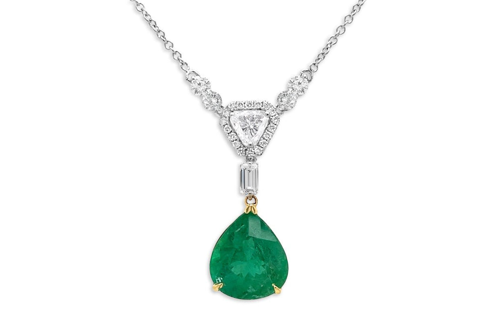 Necklace 18kt Gold Pear Shape Emerald Drop & Diamonds - Albert Hern Fine Jewelry