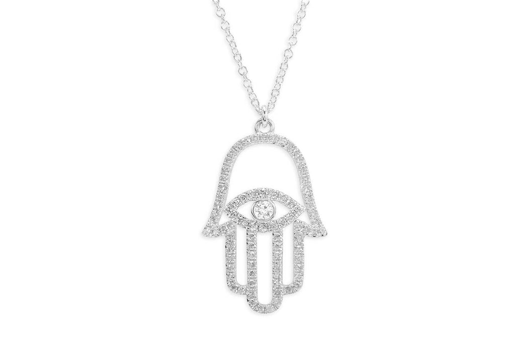 Necklace 18kt White Gold Outline Hamsa Hand & Diamonds - Albert Hern Fine Jewelry