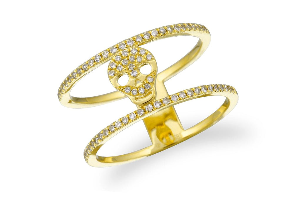 Ring 14kt Gold Double Row Center Skull & Diamonds - Albert Hern Fine Jewelry