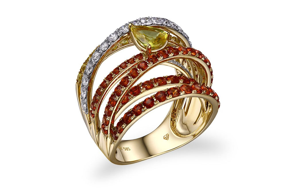 Ring 14kt Gold Multi-Row Pave Sapphires & Diamonds - Albert Hern Fine Jewelry