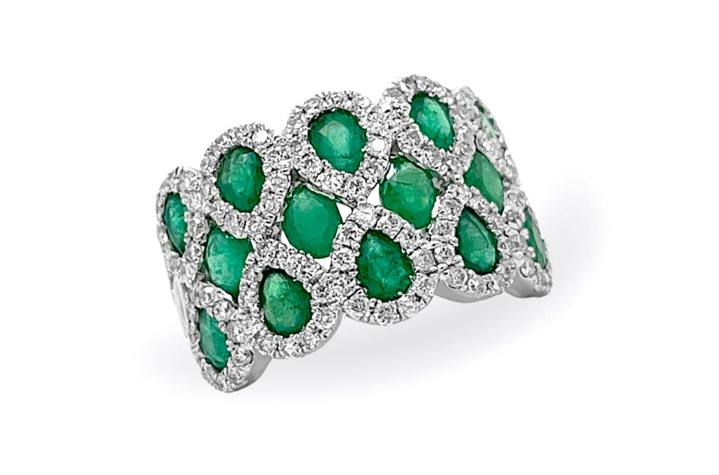 Ring 14kt Gold Multi Row Pear & Oval Emeralds with Diamonds - Albert Hern Fine Jewelry