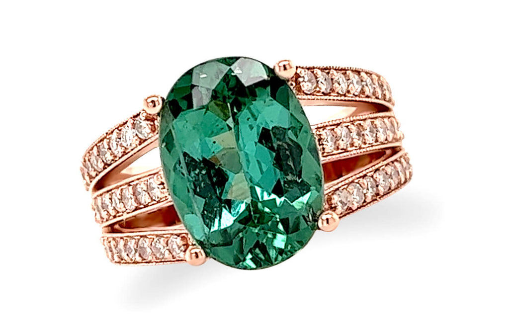 Ring 14kt Gold Oval Green Tourmaline & Diamonds Split Shank - Albert Hern Fine Jewelry