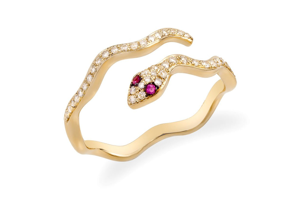 Ring 14kt Yellow Gold Snake with Diamonds and Ruby Eyes - Albert Hern Fine Jewelry