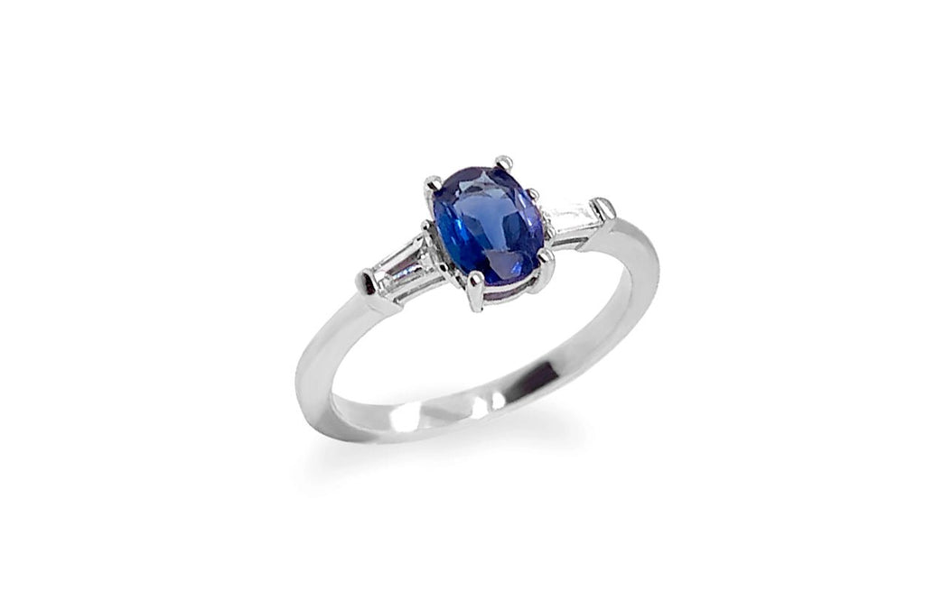 Ring 18 kt White Gold Oval Blue Sapphire & Taper Baguette Diamonds - Albert Hern Fine Jewelry