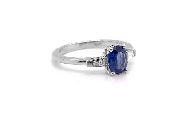 Ring 18 kt White Gold Oval Blue Sapphire & Taper Baguette Diamonds - Albert Hern Fine Jewelry