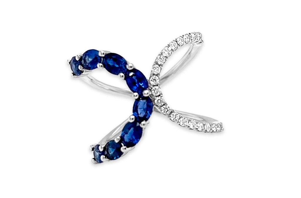 Ring 18kt Gold Criss-Cross Blue Sapphires & Diamonds - Albert Hern Fine Jewelry