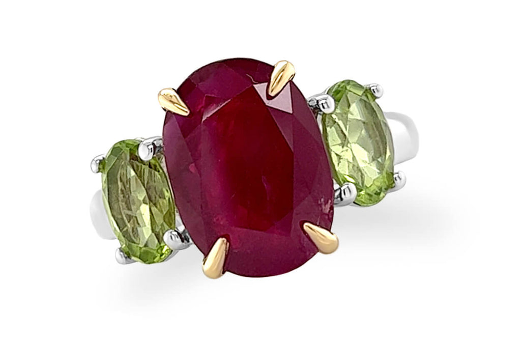 Ring 18kt Gold GIA Oval Ruby & 2 Oval Peridots - Albert Hern Fine Jewelry