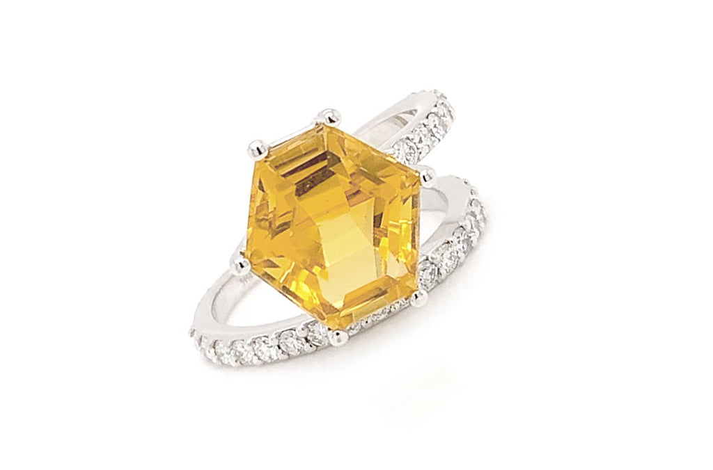 Ring 18kt Gold Hexagon Citrine & Diamonds - Albert Hern Fine Jewelry