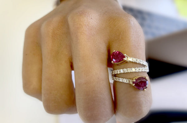 Ring 18kt Gold Multi-Row Ruby & Diamonds - Albert Hern Fine Jewelry