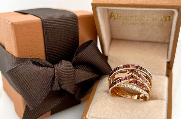 Ring 18kt Gold Multi-Row Tourmalines & Diamonds - Albert Hern Fine Jewelry