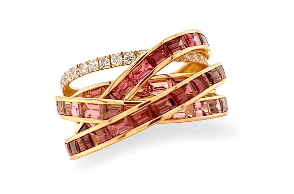 Ring 18kt Gold Multi-Row Tourmalines & Diamonds - Albert Hern Fine Jewelry