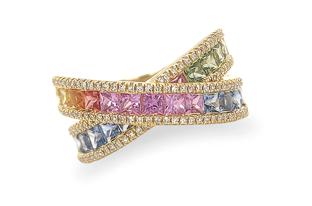 Ring 18kt Gold Multicolor Sapphires & Diamonds Criss Cross - Albert Hern Fine Jewelry
