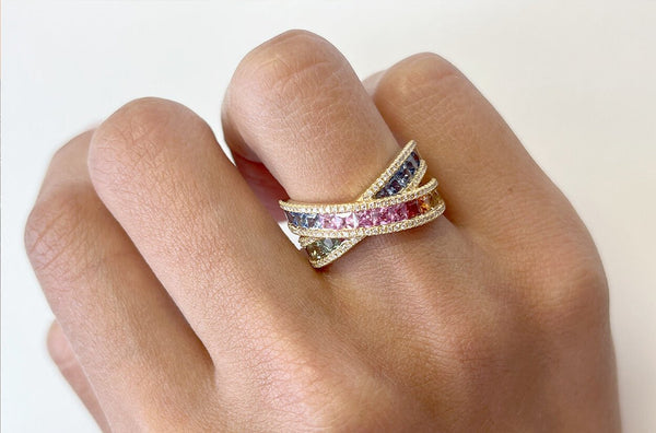Ring 18kt Gold Multicolor Sapphires & Diamonds Criss Cross - Albert Hern Fine Jewelry