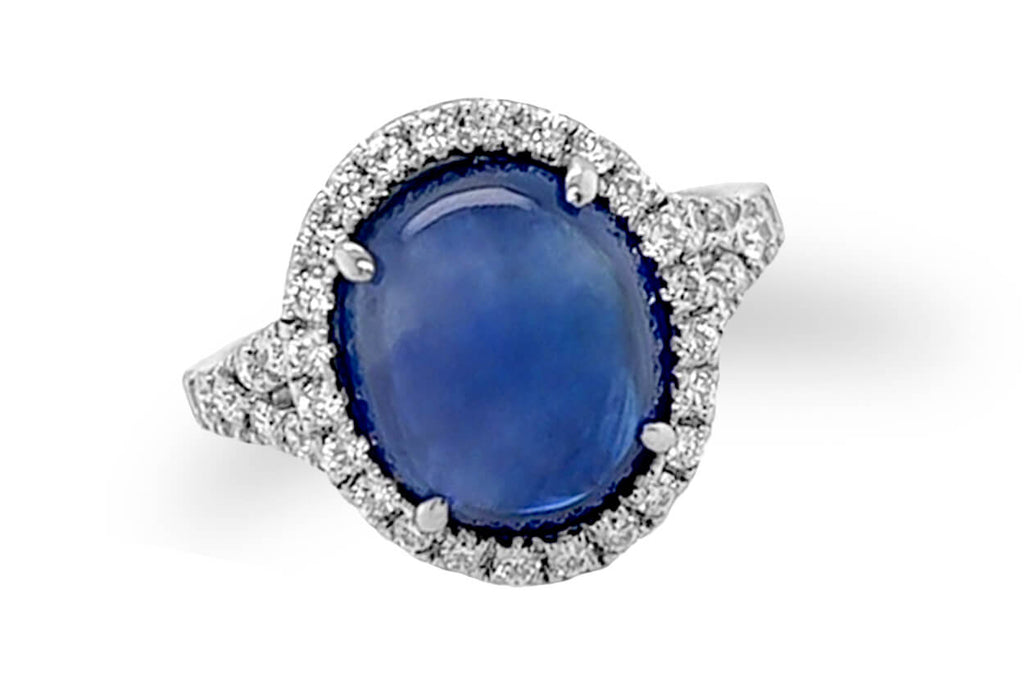 Ring 18kt Gold Oval Blue Sapphire Double Cabochon GIA & Diamonds - Albert Hern Fine Jewelry