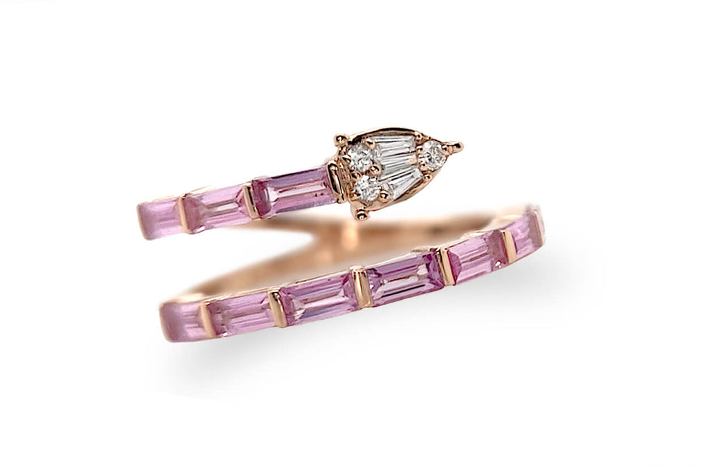 Ring 18kt Gold Pink Sapphire Baguettes & Pear Illusion Diamonds - Albert Hern Fine Jewelry