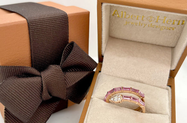 Ring 18kt Gold Pink Sapphire Baguettes & Pear Illusion Diamonds - Albert Hern Fine Jewelry