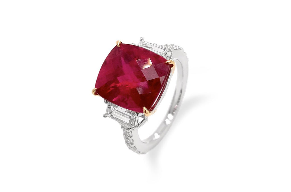 Ring 18kt Gold Rubellite Tourmaline Baguette & Round Diamonds - Albert Hern Fine Jewelry
