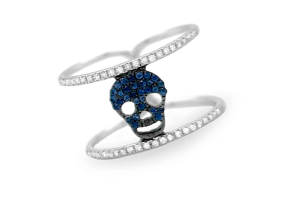 Ring 18kt Gold Skull Sapphires & Double-Row Diamonds - Albert Hern Fine Jewelry