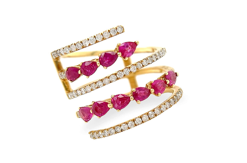 Ring 18kt Gold Spiral Pear Rubies & Diamonds - Albert Hern Fine Jewelry