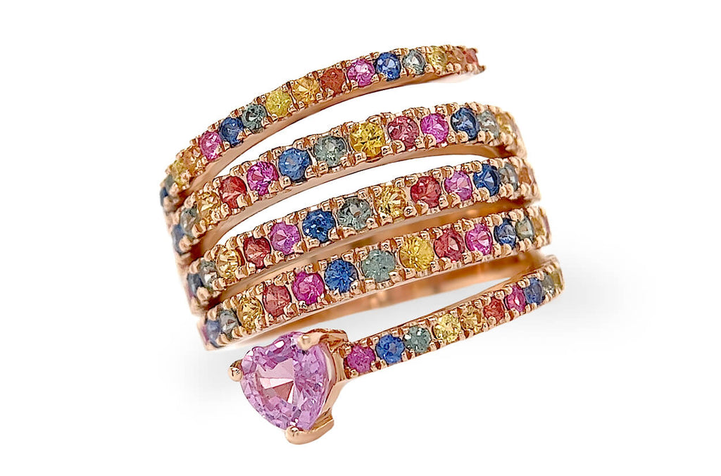 Ring 18kt Gold Spiral Rainbow Multicolor Sapphires & Heart - Albert Hern Fine Jewelry