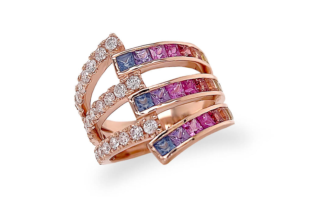 Ring 18kt Gold Wrap Rainbow Square Sapphires & Diamonds - Albert Hern Fine Jewelry