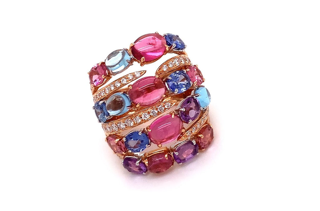 Ring 18kt Rose Gold Semi Precious Gemstones Mixed with Sapphires & Diamonds - Albert Hern Fine Jewelry
