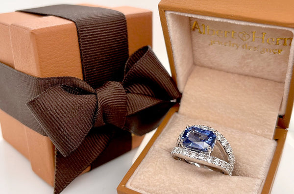Ring 18kt White Gold Ceylon Sapphire & Double-Row Diamonds - Albert Hern Fine Jewelry