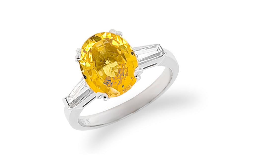 Ring 18kt White Gold Yellow Sapphire & Baguette Diamonds - Albert Hern Fine Jewelry