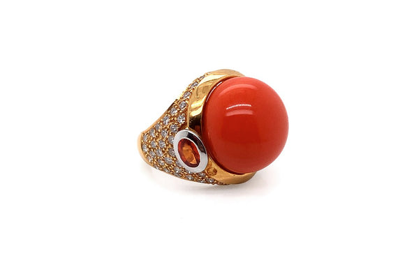 Ring 18kt Yellow Gold Coral Sapphire and Diamonds - Albert Hern Fine Jewelry