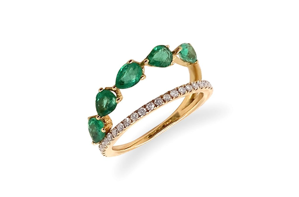 Ring 18kt Yellow Gold Double Band Emeralds with Diamonds - Albert Hern Fine Jewelry
